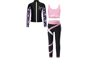Oyolan Enfant Fille Ensemble Sport Survêtement Veste Débardeur Legging Gym Tenue Gymnastique Patinage Danse Entraînement 5-16 Ans