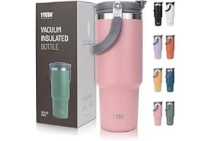 Riley Joy Thermobecher 900ml, 1200ml Trinkbecher mit Deckel und Strohhalm aus Edelstahl Isolation von Warm- und Kaltgetränken Kaffeebecher für Wasser, Kaffee oder Eistee (Rosa, 900 ml)
