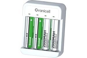 Granicell AA RechargeableBatteries with Charger, 2800mAh 4-Pcs NiMH AA Batteries with Smart 4-Bay USB Quick Charge Battery Charger for NiMH Ni-CD Batteries