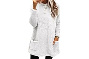 Cozyan Sudaderas sin Capucha Mujer Jersey de Forro Polar Suelto Sólido Manga Larga Suéter con Bolsillos Sudadera Mujer Oversize Manga Larga Otoño Casual Cuello Crew Sin Capucha