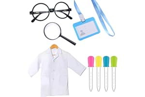 SPOKKI 8 Pcs Kids Lab Coat Doctor Scientist Costume, Size S/L Kids White Lab Coat with Certificate,Glasses,4 Droppers,Magnifying Glass, Crazy Scientist Costume for Role Play