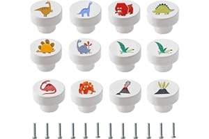 BCUUOZEEING 12 szt. drewnianych gałek do szafy, do pokoju dziecięcego, 35 mm, okrągłe gałki meblowe z dinozaurami, gałki do szafek, drewniane uchwyty do szafek, białe gałki do drzwi dla dzieci