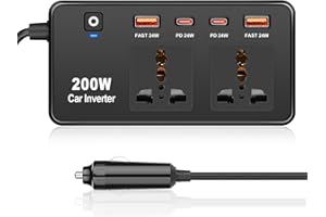 ZILCHX 200W Car Power Inverter, DC 12V to AC 220V Power Converter, 24W Fast Charging USB-C&USB-A, for Laptops, Mobile Phones, Tablets, Car Refrigerators, Business Travel Camping