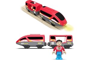 DxxD Train à Piles pour Chemin de Fer en Bois, Train de Locomotives Son et Lumière, Jouet Train Electrique Enfant 3 4 5 6 7 8 Ans, Jouet pour Voie Ferrée en Bois Compatible avec Thomas, Brio, Rouge