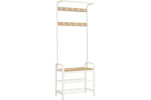 VASAGLE Appendiabiti con Scarpiera, Mobile da Ingresso con Panca, 4 in 1, 9 Ganci Rimovibili, Barra Attaccapanni, Entrata Corridoio, 33,7 x 72 cm, Moderno, Rovere e Bianco HSR40W