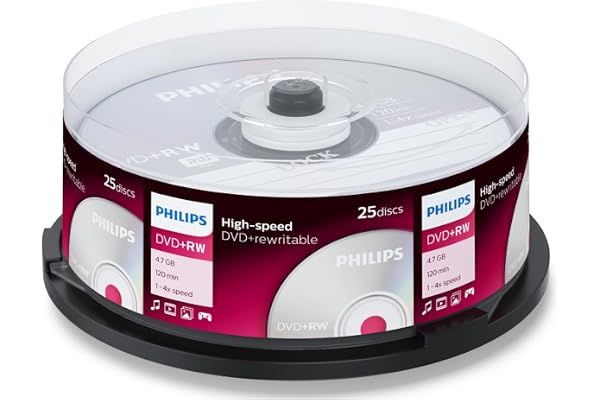 Philips DVD+RW High-Speed (4,7 Go / 120 Minutes de vidéo, Vitesse 1-4x, Cake Box 25 pièces, rewritable / réinscriptible)