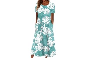 AZRUMA Damen Kleid Sommer Frauen Boho Drucken Rundhals Kurzarm Swing Lange Tunikakleid mit Taschen Elegant Locker A-Linie Hoher Taille Bohemien Strandkleid Casual Midikleid Sommerkleid Freizeitkleid