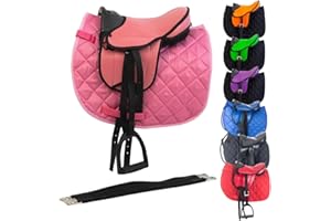 ‎MARENGOS Marengos - Holzpferd Sattel Set | Sattel für Holzpferd mit Sattelgurt, Schabracke, Steigbügel & -Riemen | Sattel aus Kunstleder | Sattel-Typ Beginner in pink | Größe 12"