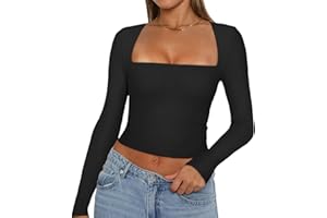 MAHUAOYIXI Maglietta a Manica Lunga Donna Sexy Camicette Eleganti con Manica Lunga e Scollo Quadrato in Tinta Unita Ragazza Donna Crop Tops Ragazza Top Aderente Shirt Corto Elegante