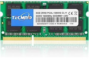 TECMIYO 8GB 2RX8 PC3L-12800S DDR3 1600MHZ SODIMM PC3 12800 1.5/1.35V CL11 204Pin 2RX8 Dual Rank Non-ECC Unbuffered Laptop RAM
