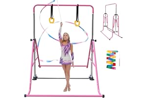 Kegoupdys Barre de Gymnastique Pliable pour Enfants Barre de Gymnastique Horizontale avec Anneaux de Gymnastique Barre de Gym avec Hauteur Réglable 5 Niveaux 115 à 155 cm