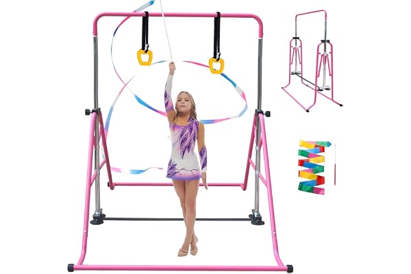 Kegoupdys Barre de Gymnastique Pliable pour Enfants Barre de Gymnastique Horizontale avec Anneaux de Gymnastique Barre de Gym avec Hauteur Réglable 5 Niveaux 115 à 155 cm