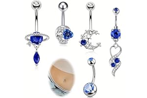 ZILZUFA Piercing Nombril en Acier Chirurgical avec Strass Bleu, Barre en Argent pour Piercing Ventre, Cadeau pour Femmes, Piercing Nombril Anneau Acier Inoxydable