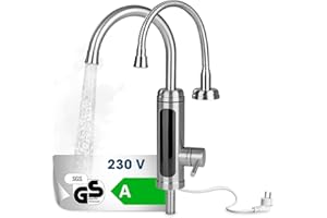 MAXXMEE Elektrische Edelstahl Armatur plus integrierter Durchlauferhitzer | Wasserhahn mit Heizspirale & LED Temperaturanzeige | 2 wechselbare Wasserhähne | über 60 °C warmes Wasser ohne Vorheizen