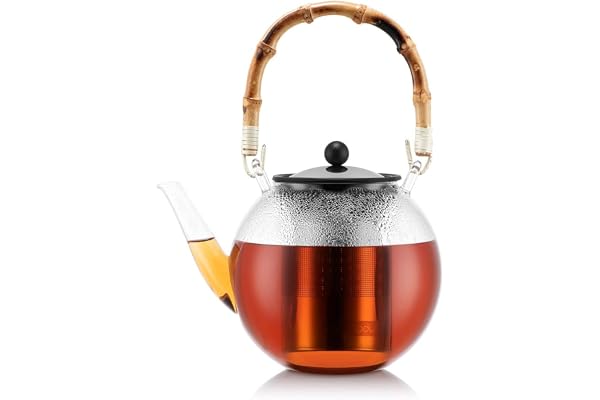 Bodum 11797-139 Théière à Piston, Filtre INOX, Anse Bambou Naturel, 1.5 L, Verre, Bambou, Transparent, INOX, 16, 4 cm, 16, 4 x 20, 3 x 27, 4 cm
