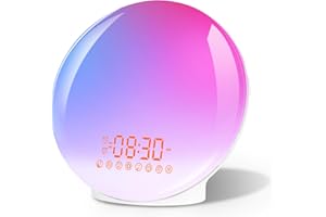 BAOZILY Despertador con luz diurna, despertador con luz, amanecer, puesta de sol, simulación de despertador, alarma doble, 7 sonidos naturales, radio FM, 11 colores de luz, 20 brillos