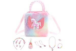 FOSDICK Ensemble de Sac Licorne Bijoux Enfants Fille, Sac a Main Licorne Fille, sac fille en Peluche, Collier Bracelet Boucles d'oreilles Bagues Pince à Cheveux, Cadeau Petite filles 4 5 6 7 8 9 ans