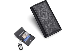 RXXR Black Key Case Genuine Leather Key Holder Card Wallet Key Case Keychain