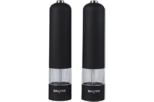 Salter 7524 BKXR Electric Salt & Pepper Grinder Set - Matt Black Soft-Touch, Push Button Operation, Battery Powered, Ceramic Mechanism, Adjustable Fine to Coarse Grind, 66g Sea Salt/30g Peppercorns