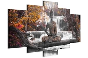 B&D XXL - Wandbilder XXL 225x112cm 5 tlg - Wand Deko Leinwand Bilder Groß Wanddeko Wohnzimmer Schlafzimmer Kunstdrucke - Buddha Landschaft Natur Wasserfall Baum Wald c-A-0021-b-p