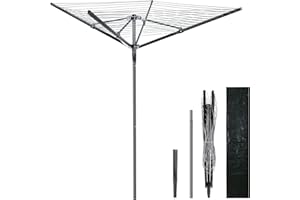 Vivo Technologies 4 Arm 50M Rotary Washing Line Heavy Duty Clothes Airer Dryer for Outdoor & Garden, Folding Large Rotary Clothes Line with Metal Ground Spike and Cover, Black