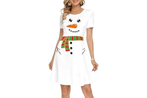 VVNTY Christmas Dress for Women Xmas Short Sleeve Dress Funny Christmas Holiday Print Midi Dresses