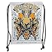 Produktbild Drawstring Backpacks Bags,Skull,Scary Skeleton Head Fishes Tuesday Thirteen Unlucky Day Color Splashes Decorative,Blue Light Yellow Orange Soft Satin,5 Liter Capacity,Adjustable St
