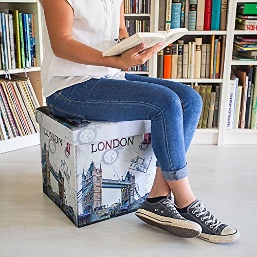 Relaxdays Faltbarer Sitzhocker 38 cm stabiler Sitzwürfel mit trendigen Motiven als praktische Fußablage als Sitzwürfel mit bedrucktem Kunstleder als Aufbewahrungsbox mit Stauraum und Deckel, London - 2
