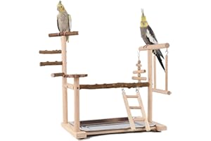 WishesMar Parco Giochi per Pappagalli Palestra per Uccelli Terreno di Gioco per Cocorite con Posatoi Supporto Scala Altalena e Vassoio pour Cacatua, Legno, Taglia 36x23x39 CM