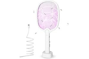 AOOWU Racchetta Zanzare Elettrica, 3800V 2 in 1 Scacciamosche Elettrico, con USB Base di Ricarica e Lampada UV, Protezione Maglia a 3 Strati, Efficace Contro insetti per Uso Interno ed Esterno (Mini）