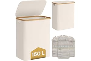 Bellamio Tolt Wäschekorb 3 Fächer beige – Wäschesammler 150 L mit Deckel – Wäschesammelbox aus Oxford-Gewebe mit Bambusring – Schmutzwäschebehälter mit herausnehmbarem Wäschesack – Wäschetonne hoch