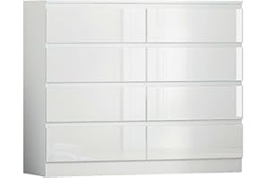 FWStyle Modern 8 Drawer Chest of Drawers, 8 Drawer Cabinet No Handle Sleek Design Bedroom Furniture - White Gloss