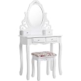 SONGMICS Makyaj Masası, Ayna ve Tabure Ile Oyuk Makyaj Masası, 4 &Ccedil;ekmece, Eğim Koruması, Beyaz Rdt04W, 75 X 40 Cm