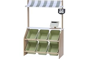 Teamson Kids Little Helper Pretend Play Wooden Market Grocery Stand Role Play Toy Set For Children with Interactive Features & 6 Accessories Green TD-13638A
