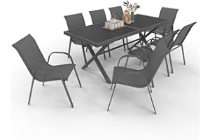 IDMarket - Salon de Jardin SANTORIN Table 190 cm Pieds en Croix et 8 chaises empilables Gris Anthracite