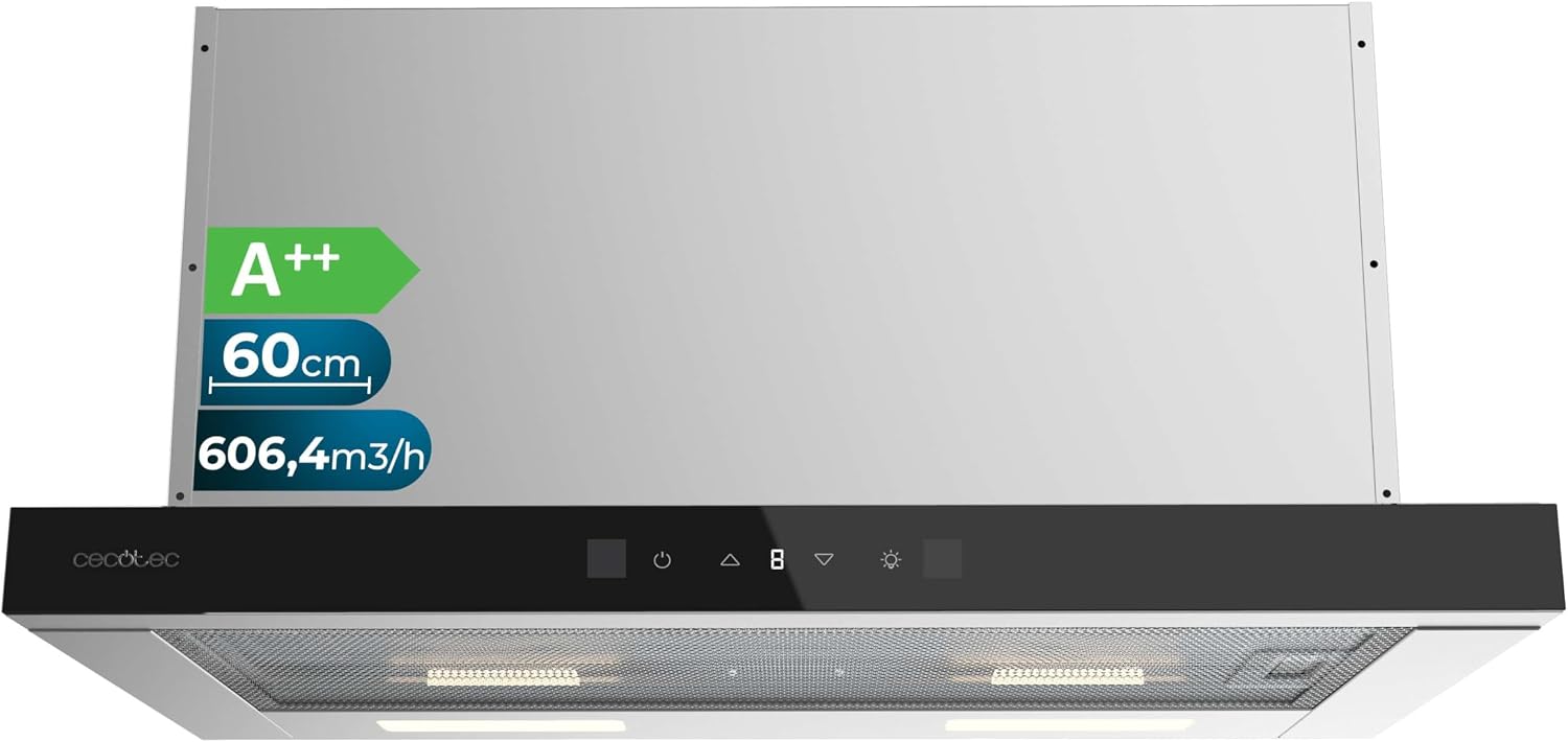 Cecotec Campana Extractora Telescópica Bolero Flux TLT 605501 Glass Black A++. 60cm, 606,4m³/h de succión, Control Táctil Invisible, Control Táctil y Movimiento, Función Booster