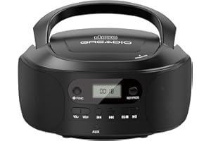 Greadio Portable CD Player with AUX Input, Boombox CD Player with Speakers, CD/CD-R/CD-RW Compatible, Programming, Battery/Type-C Operated, Personal Player for Kids,Seniors,Home (Black)