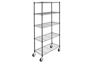 TAHA® 5 tier Chrome Storage Unit on Casters with Height Adjustable Shelves and Adjustable Levelling Feet - 680kg Max Weight,150 X 75 X 35cm, Black