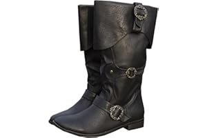 SIULAS Mittelalterliche Ritterstiefel für Erwachsene Cosplay - Wikinger Retro Langschaft Leder Manschettenschuhe - PU Leder Stiefel Renaissance Plus Size Stiefel Schuhe mit Gürtelschnalle,Schwarz,41