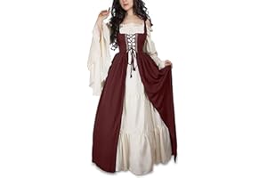 GUIRAN Damen Mittelalterliche Kleid mit Trompetenärmel Mittelalter Party Kostüm Maxikleid