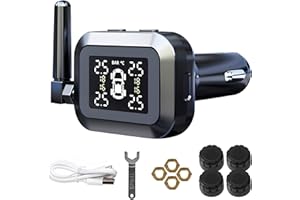 ‎MOMOTOU MOMOTOU TPMS Reifendruckkontrollsystem 0-87 psi mit 4 externen Sensoren Zigarettenanzünderbuchse und USB-ladeanschluss 6 Alarme IPX7 wasserdicht Kabellos Reifendruckkontrollsystem für Auto,SUVs, MPVs