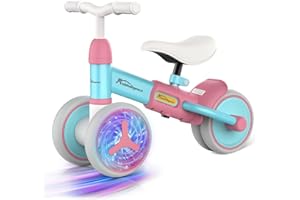 Ambitelligence Colorful Lighting Baby Balance Bike for 1 Year Old Girl Boy Gifts 12-36 Months Toddler Balance Bike with Adjustable Soft Seat and 4 wheels First Birthday Gifts Baby Scooter (Blue Pink)