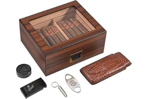 CIGAROL Humidor Puros, Volenx Caja de Puros con Higrómetro Digital, Humidificador, Mechero, Cortador de Puros, Humidor de Puros para 25-50 Puros