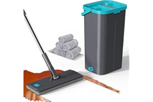 Masthome Juego de Fregona con Cubo, Mopa Plana con Mango de Acero Inoxidable de 144 cm y 6 Almohadillas Lavables, Cubos de Limpieza en Seco y Húmedo para Suelos de Madera Dura y Laminado, Azul