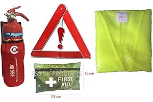 CAR/Vehicle Safety KIT 2. Premium FSS UK 1 KG Powder FIRE Extinguisher with Universal CAR Holder,1ST AID KIT, HI VIZ Vest and Reflective Triangle. British Standard KITEMARKED.