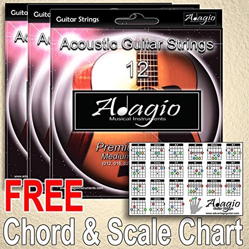 3 SETS of Adagio Anti-Rust 12's Acoustic Guitar Strings + FREE Chord Scale Chart