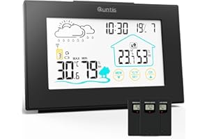Station Météo, Quntis Thermomètre Hygromètre 3 Canaux Sans Fil Intérieure Extérieure avec Ecran Tactile à Capteur Extérieur, Thermomètre Numérique avec Prévisions Météo, Heure, Réveil - Noir
