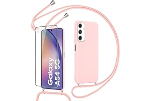 Pnakqil Funda con Cuerda para Samsung Galaxy A54 5G con Protector Pantalla de Vidrio Templado, Rosa Suave Silicona Case con Cordón de Collar para Samsung A54 5G- Rosa