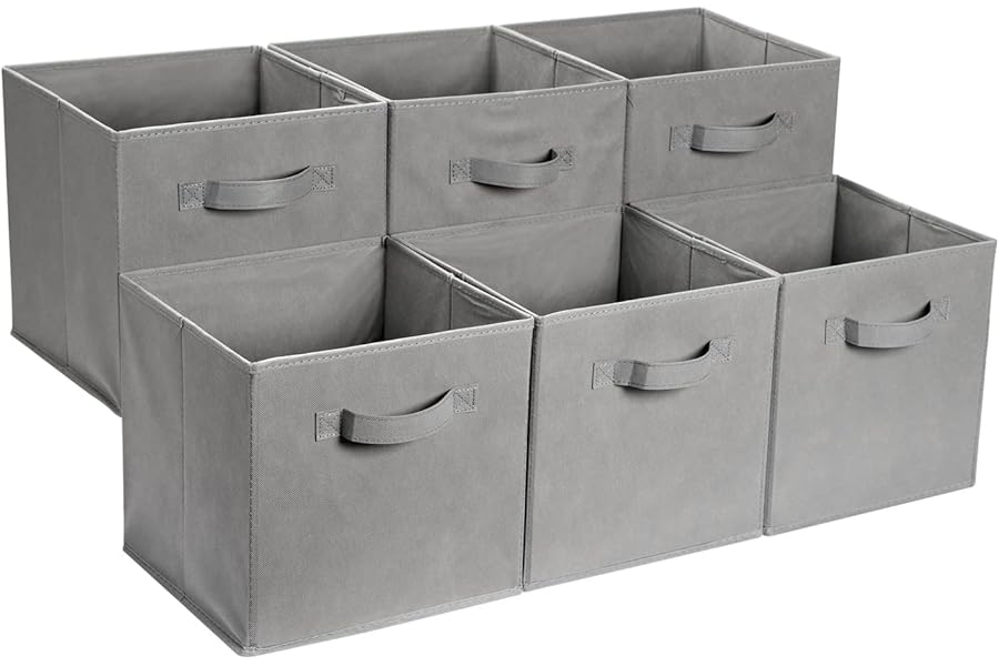 Amazon Basics Collapsible Fabric Storage Cube/Organiser with Handles, Pack of 6, Solid Grey, 33 x 33 x 33 cm