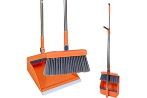 Roellgs Juego de recogedor de escoba con dientes de peine, resistente al viento, mango largo, vertical, juego de recogedor, limpieza del hogar (naranja)